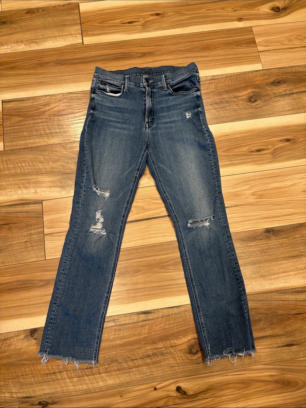 MOTHER Dark Blue Distressed Straight Leg Jeans